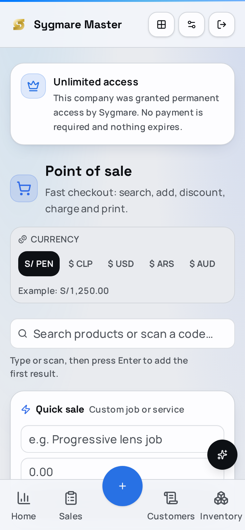 Sygmare Optics point of sale on mobile