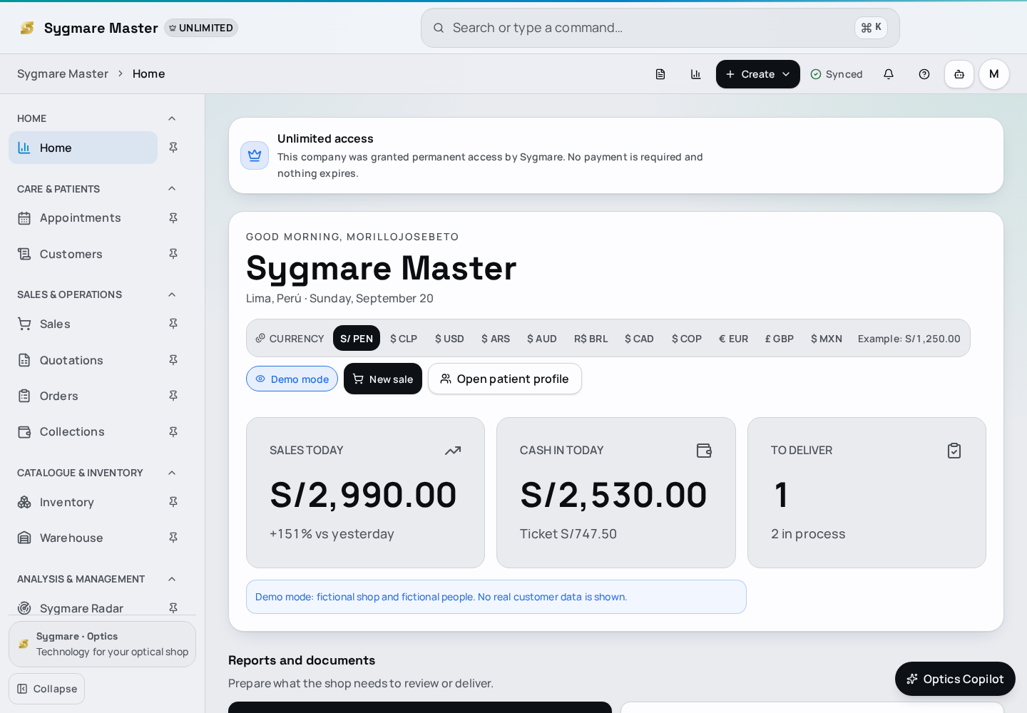 Real Sygmare Optics desktop interface