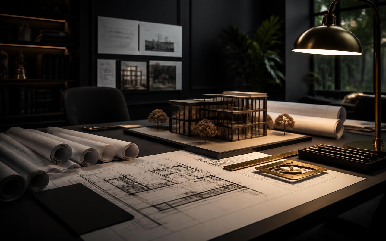 Architecture studio desk with blueprints and a scale model